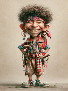A whimsical, cartoonish pirate character with a wide grin and messy hair, adorned in pirate attire.