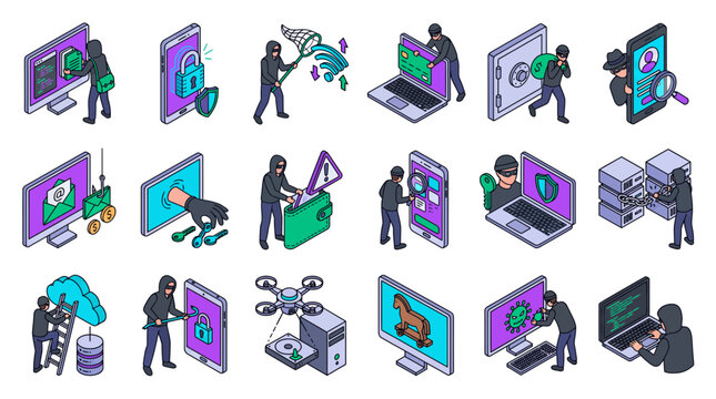 Isometric vector set of hackers and cybercriminals committing online data theft and digital fraud, illustrating cybersecurity awareness and internet safety management