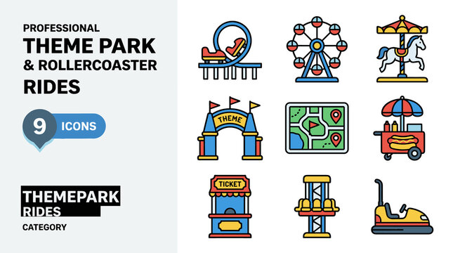 Pixel Art Icons Set of Theme Park Rides and Attractions