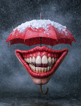 A surreal image of a smiling mouth with teeth, attached to a red umbrella covered in snow, during a snowfall.