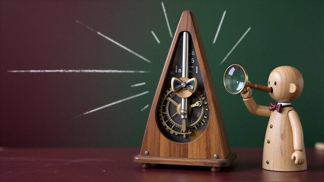 Wooden metronome and curious toy figure inspecting its inner gears with a magnifying glass.