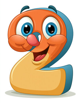 A vibrant and playful cartoon number two character with big blue eyes and a happy smile, featuring orange, blue, and yellow colors on a white background.