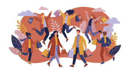 Fototapeta premium Group of happy diverse people wearing warm autumn coats jumping and walking with shopping bags, illustrating seasonal discount promotion and consumer shopping campaign