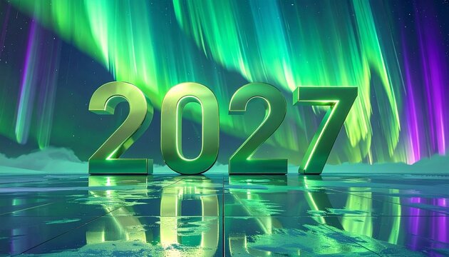 2027 New Year background featuring 3D green numbers under vibrant aurora borealis sky with reflective icy ground and cosmic lights