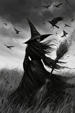 A dark witch with long flowing hair and a pointed hat stands in a field with a broomstick, surrounded by flying crows under a stormy sky.