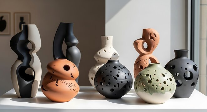 Collection of unique ceramic vases and pottery with abstract shapes and perforated designs displayed indoors