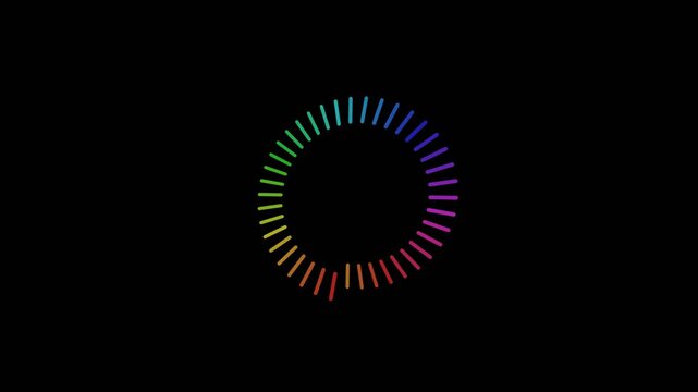 Four rainbow loading circles rotating on a black background for digital interface