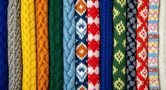 Colorful handwoven textile patterns with geometric and floral designs in traditional style