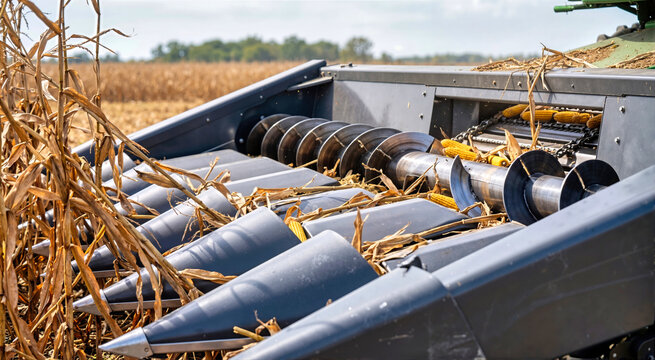 Close-up of combine harvester corn header collecting golden ears during crop harvest. Detail of agricultural machine mechanism auger and snouts gathering dry maize stalks in field on sunny day