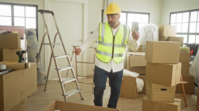 Man in yellow hardhat and hi vis vest examines boxes and raises hand to mouth in cluttered building; focused planning.