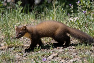 Obraz premium Wild pine marten walks on ground in mountain forest. Small brown predator mammal moves through green grass, rocky trail in summer wilderness. Cute furry carnivore creature explores natural habitat