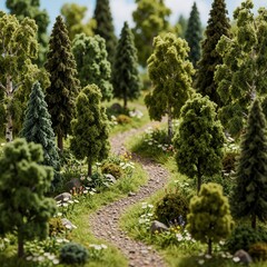 Obraz premium Miniature diorama of forest landscape with winding stony path. Small scale trees like pine spruce, birch stand in green grass with tiny flowers. Hand made model shows realistic ecosystem with bushes