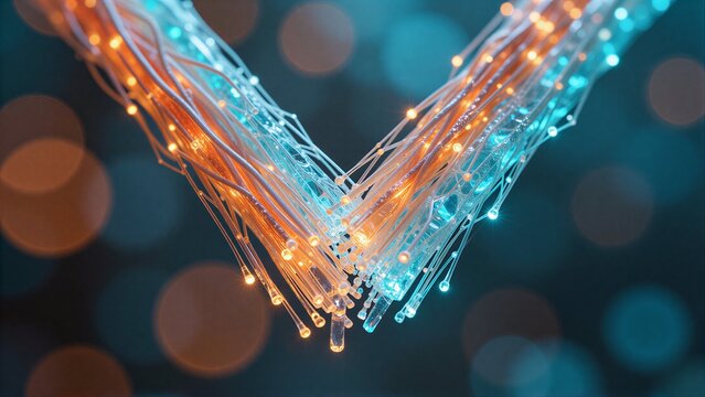 Twisted fiber optic cables glow with blue and orange light against blurred bokeh background.