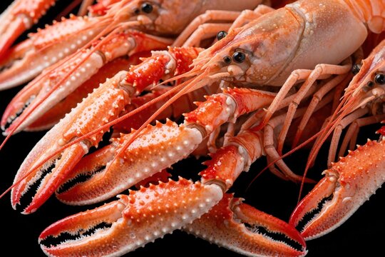 Fresh raw langoustines lie on black background. Macro view of orange crustaceans shows detailed shells, sharp claws. Premium seafood ingredients wait for pro culinary preparation. High quality ocean