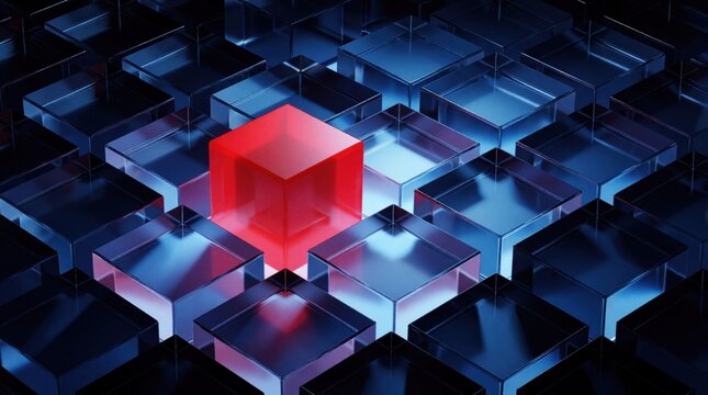 Red cube stands out among many transparent blue cubes. Geometric shapes arranged in perspective create abstract background. Digital render highlights individuality and difference.