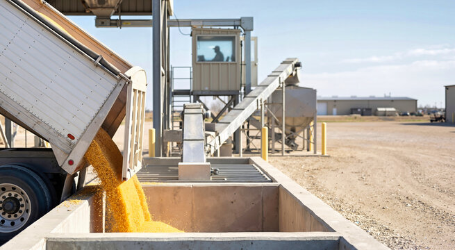 White grain truck dumping harvested golden corn into concrete ground intake pit at processing plant. Unloading crop at industrial agricultural facility with control booth and conveyor elevator