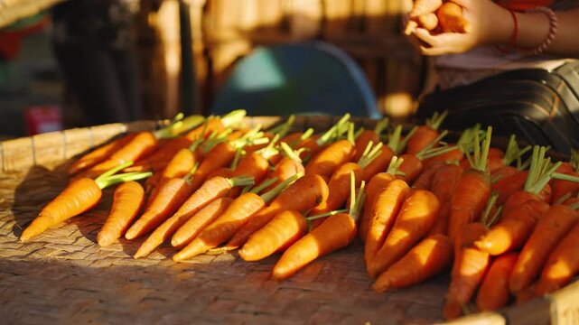 Close-Up of Market Vendors Adding and Arranging Fresh Carrots to a Vegetable Display
