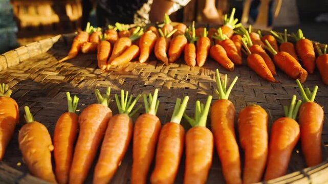 Close-Up of a Market Vendor Adding and Arranging Fresh Carrots on a Vegetable Display