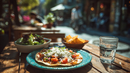 Fototapeta premium Colorful food photo of flat tortilla bread with cheese, fresh tomato, salad, chips, and glass of water on wooden table outdoors