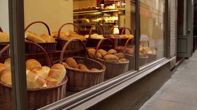 Eye level street view through bakery storefront showing wicker baskets of assorted fresh bread on tiered wooden shelves under warm interior lighting and glass reflections
