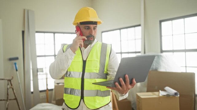 Man in yellow hardhat and high visibility vest holds laptop and talks on smartphone in a building as engineer coordinating renovation and packages; planning focus.