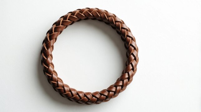 Braided brown leather strap forms circle shape on white background. Close up detail shows craftsmanship. Minimalist design for fashion or craft projects with copy space.
