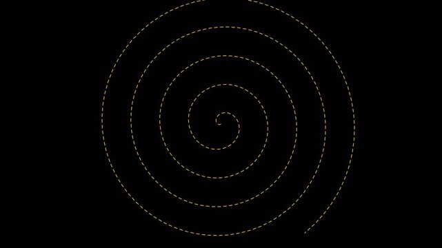 Minimalist abstract golden dashed line vortices expanding and rotating on a dark background