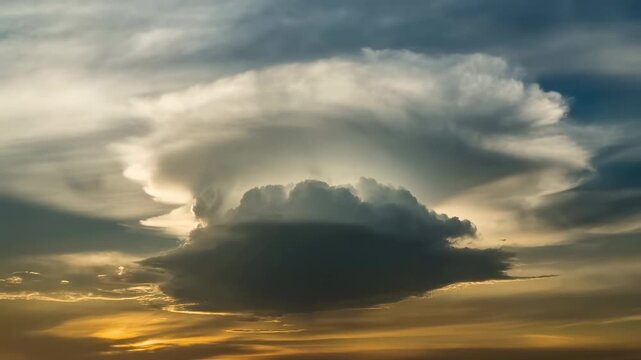 Towering cumulonimbus cloud glowing with backlit anvil top over golden horizon, dark storm base, layered sky, soft rim light, wide panoramic atmosphere, dramatic weather scene