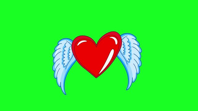 Animated red heart with blue angel wings flapping on a green screen. Perfect for Valentines Day, romantic concepts, or fantasy love.