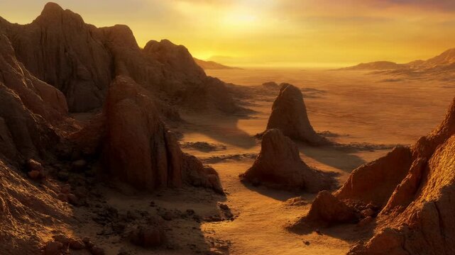 Sunlit desert canyon panorama with warm rimlit sandstone cliffs, rugged valley floor, isolated monolithic pillar, layered rock textures, and glowing sunset atmosphere