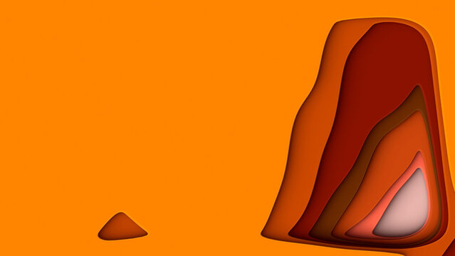 3D Render A stylized, abstract composition featuring a large sculpted form resembling a mountain or wave on the right side of the image against vibrant orange and layered organic shapes in the