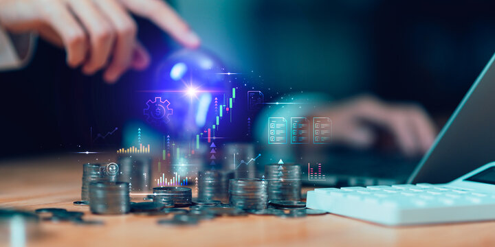 Financial analyst tracks investment growth, financial planning, wealth management, portfolio analysis, capital investment, business finance, financial analytics, and profit optimization.