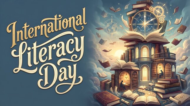 Magical International Literacy Day Illustration Featuring a Surreal Tower of Knowledge, Flying Books and Vintage Library for Education Concepts