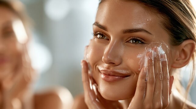 Young woman with long brown hair applies facial cleanser to her skin while smiling, with a blurred background featuring another person in a skincare routine