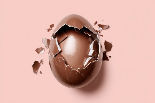 Broken Milk Chocolate Easter Egg Shell with Cracked Pieces on Pink Background