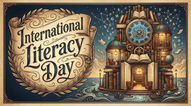Ornate Vintage Banner for International Literacy Day Featuring a Magical Library Island and Steampunk Aesthetic Illustration