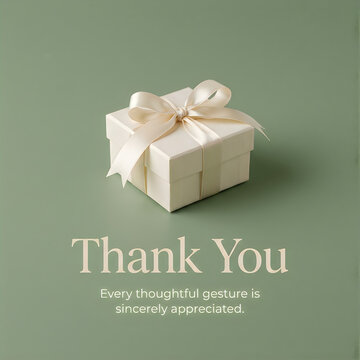 Minimalist thank you card design with a white gift box on a soft sage green background