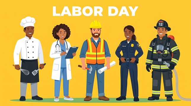 Diverse group of essential workers isolated on white background