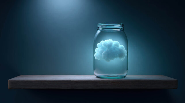 A cloud trapped inside a glass jar, illuminated by a soft blue light, sits on a wooden shelf in a dark room. The concept evokes ideas of storage, containment, or perhaps the preservation of an idea.
