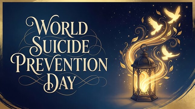 World Suicide Prevention Day Banner with Elegant Typography, Glowing Lantern and Flying Doves Symbolizing Hope and Mental Health Awareness