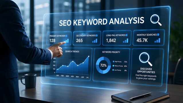 A business professional using a futuristic digital glass interface to perform an in depth search engine optimization keyword analysis report
