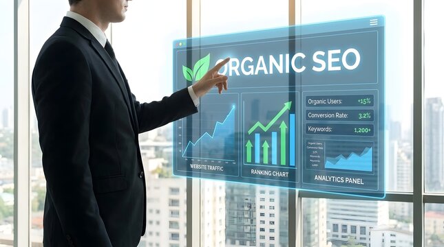 A professional businessman using a futuristic holographic digital display to analyze organic seo data and website growth performance metrics