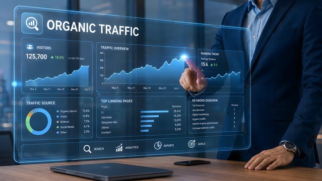 A business professional interacting with a futuristic digital interface showing organic traffic analytics and growth charts in a modern office