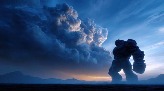A colossal stone golem stands in a vast, barren landscape, silhouetted against a dramatic, storm-laden sky with a powerful cloud formation