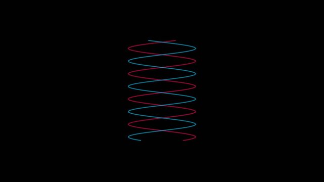 Red and blue digital data ribbons rotating in a double helix pattern on black background