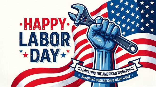 Labor day celebration graphic with a raised fist holding a wrench