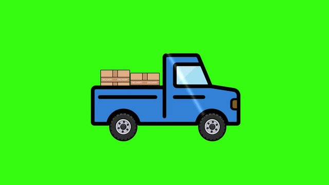 Animated blue delivery pickup truck carrying cardboard boxes on a green screen. Ideal for shipping, transport, and logistics themes.