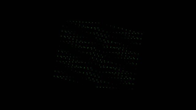 Rotating digital matrix cubes and geometric shapes with glowing green dots on black background