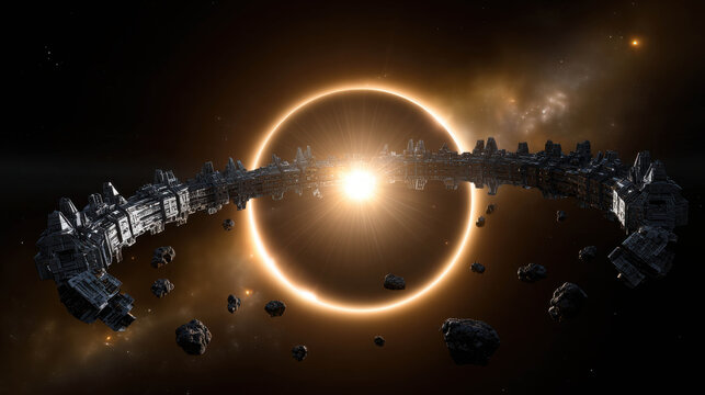 A futuristic space station encircles a bright celestial body, casting a warm glow. Asteroids float nearby in the vast expanse of the cosmos