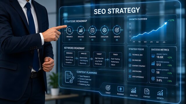 A professional businessman pointing at a digital holographic screen displaying complex seo strategy analytics and growth performance data charts